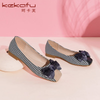 珂卡芙甜美风蝴蝶结女单鞋2019秋季新款格子百搭女鞋舒适平跟鞋