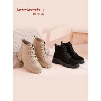 珂卡芙真皮马丁靴女2019冬季新款英伦百搭坡跟靴子女加绒中跟短靴