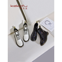 珂卡芙中跟马丁靴女2019冬季新款真皮百搭短筒靴潮流韩版系带女靴