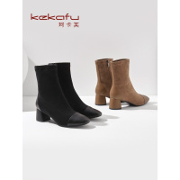 珂卡芙中跟时装靴女2019冬季新款舒适粗跟中筒靴时尚复古方头女靴