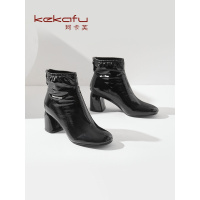 珂卡芙漆皮短筒靴女2019冬季新款时装靴女百搭粗跟短靴时尚女靴
