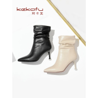 珂卡芙性感尖头时装靴女2019冬季新款两穿百搭短筒靴高跟套筒女靴