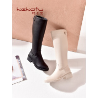 珂卡芙尖头高筒靴女2019冬季新款百搭后拉链骑士靴中跟时装女靴