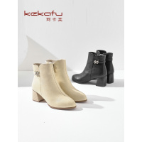 珂卡芙中跟时装靴女2019冬季新款网红百搭短筒靴时尚复古平跟短靴