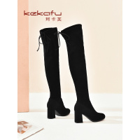 珂卡芙欧美风高跟时装靴女2019冬季新款网红尖头过膝靴百搭粗跟靴