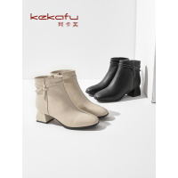 珂卡芙英伦风方头时装靴女2019冬季新款舒适粗跟短靴蝴蝶结女靴