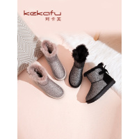 珂卡芙真皮拼接甜美女靴2019冬季新款套筒蝴蝶结舒适平底雪地靴女