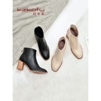 珂卡芙方头时装靴女2019冬季新款木根短筒女靴高跟英伦风时尚女靴