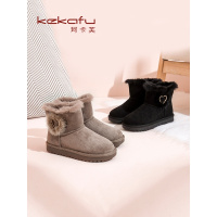 珂卡芙平底套筒女靴2019冬季新款圆头爱心雪地靴厚底加绒短筒靴女