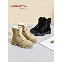 珂卡芙中跟8孔马丁靴女2019冬季新款韩版短毛绒中筒靴女真皮女靴