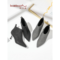 珂卡芙高跟时装靴女2019冬季新款性感尖头百搭短筒靴女办公细跟靴