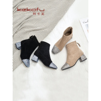 珂卡芙亮片时装靴女2019冬季新款时尚通勤百搭短筒靴套筒粗跟靴