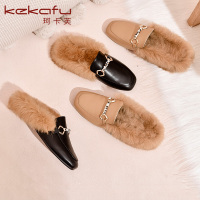 珂卡芙包头饰扣棉拖鞋2019冬季新款时尚方头舒适低跟懒人毛毛鞋女