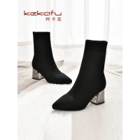 珂卡芙粗跟时装靴2019冬季新款百搭中跟靴尖头中筒女靴潮流袜靴