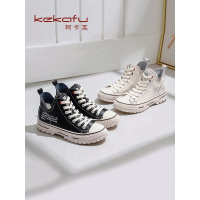 珂卡芙真皮帆布鞋女2019秋季新款ins潮网红高帮鞋女百搭休闲女鞋