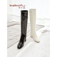 珂卡芙复古漆皮时装靴女2019冬季新款圆头高筒靴女舒适粗跟女靴