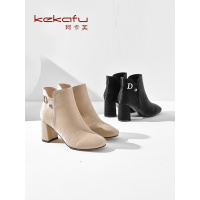 珂卡芙复古方头时装靴女2019冬季新款百搭粗跟女靴英伦风短筒靴子