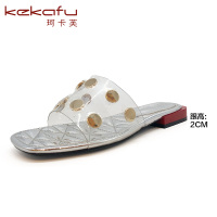 珂卡芙女鞋夏季新款中跟粗跟一字拖沙滩鞋女海边度假拖鞋