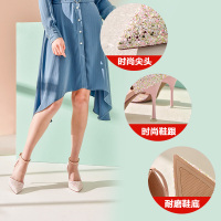 珂卡芙高跟鞋2020春季新款细跟尖头时尚亮片包头仙女风宴会女鞋