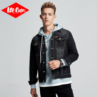 Lee Cooper2018秋冬新款水洗大码韩版修身磨白潮流黑色牛仔上衣