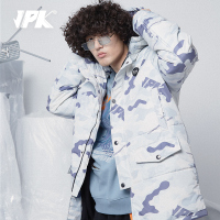 JPK原创国潮街头冬季嘻哈ins风潮牌大码做旧灰色迷彩棉服外套男士