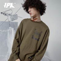 JPK设计原创国潮秋冬复古慵懒风军绿纯色ins圆领潮流长袖T恤男士