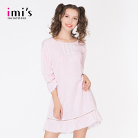 IMIS爱美丽睡衣 条纹双层棉圆领套头七分泡泡袖睡裙