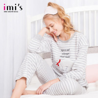IMIS爱美丽女士家居服 秋冬圆领可爱卡通加绒条纹睡衣裤两件套装IM46AIQ1