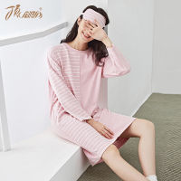 顶瓜瓜新款女式棉质长袖睡裙清新条纹简约文艺舒适家居服女可外穿