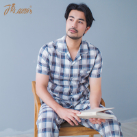 短袖睡衣 男士家居服套装短袖长裤 空服格子简约舒适顶瓜瓜正品