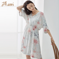 顶瓜瓜夏季新品印花睡裙 V领短袖休闲中长裙时尚居家服可外穿裙子