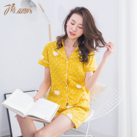 顶瓜瓜睡衣女夏纯棉 休闲翻领短袖短裤套装 可爱清新家居服顶呱呱