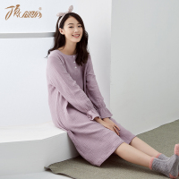 顶瓜瓜睡裙女秋冬纯棉舒适长袖家居服女纯色圆领长裙可外穿家居裙