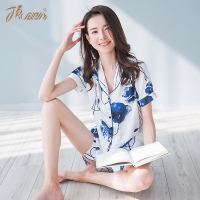 顶瓜瓜睡衣女夏短袖 翻领时尚印花薄款家居服女 可外穿套装顶呱呱