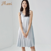 顶瓜瓜睡裙女夏无袖 纯色圆领休闲气质中长裙 简约居家可外穿裙子