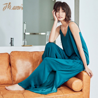 顶瓜瓜睡衣女夏无袖长款套装 夏季薄款女装 开叉阔腿裤性感大V领