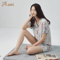 顶瓜瓜睡衣女夏季新品印花短袖短裤套装 简约翻领家居服女 可外穿