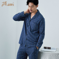 顶瓜瓜纯棉秋冬男士睡衣长袖长裤翻领印花家居服套装舒适简约睡衣