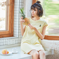 顶瓜瓜纯棉可爱睡裙女夏 100%棉可外穿条纹长裙 宽松舒适睡衣裙子