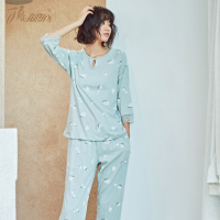 顶瓜瓜睡衣女夏纯棉 七分袖长裤家居服套装 春秋起居服印花100%棉