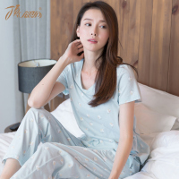 顶瓜瓜家居服女夏天 纯棉薄款空服短袖全棉九分裤两件套顶呱呱