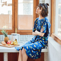 顶瓜瓜睡衣女夏季短袖睡裙纯棉家居服全棉印花舒适棉质中长款睡裙