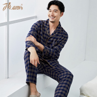 顶瓜瓜秋冬新款男士棉质长袖睡衣舒适磨毛时尚格纹简约家居服套装