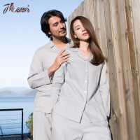 顶瓜瓜亚麻睡衣女春秋 简约翻领开襟长袖韩版轻奢情侣家居服套装