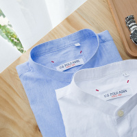 U.S. POLO ASSN.男士长袖棉麻衬衫休闲圆领青年薄款亚麻衬衣立领