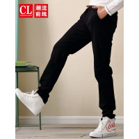 潮流前线2019春装韩版纯色休闲修身小脚休闲裤男学生休闲裤子黑色