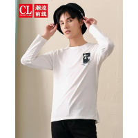 潮流前线2019春装男款圆领潮流短款修身复古花卉长袖T恤男打底衫上衣