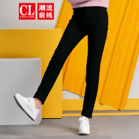 潮流前线2019春装韩版纯色加绒紧身休闲裤女甜美休闲女士长裤黑色