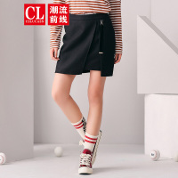 潮流前线2019春装女款时尚休闲简约纯色呢子开叉A字半身裙黑色