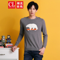 潮流前线2019春季韩版动物图案圆领针织衫男青春校园针织毛衣